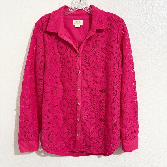 Anthropologie Maeve Slim Lace Button Down Shirt in Pink - Picture 4 of 10
